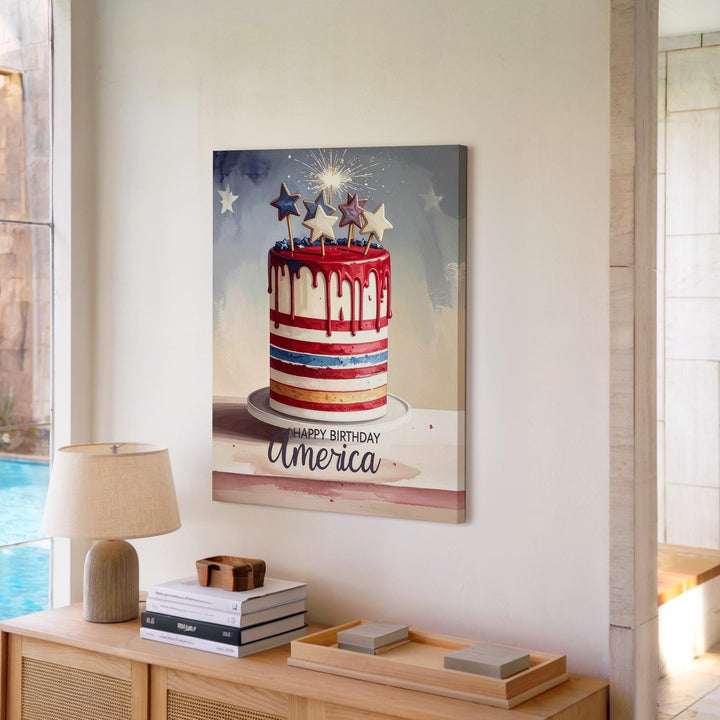 Happy Birthday America Canvas – Patriotic Cake with Stars & Dripping Icing - Gifitto