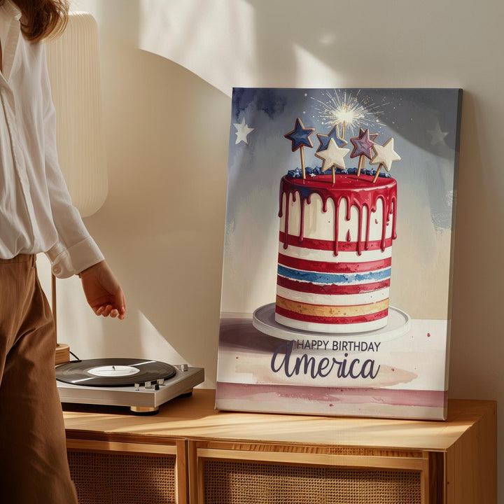 Happy Birthday America Canvas – Patriotic Cake with Stars & Dripping Icing - Gifitto
