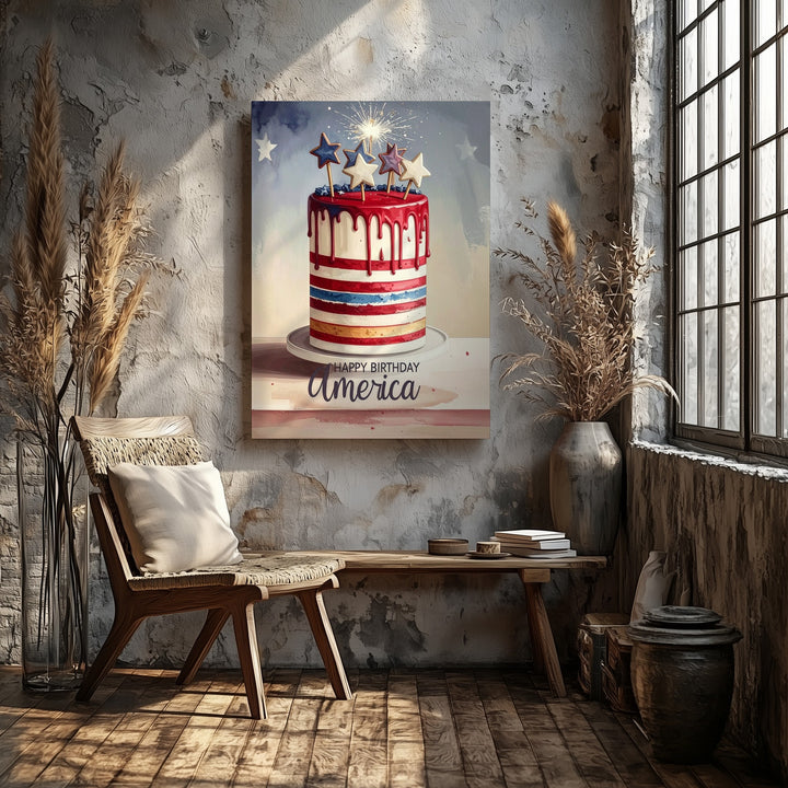 Happy Birthday America Canvas – Patriotic Cake with Stars & Dripping Icing - Gifitto