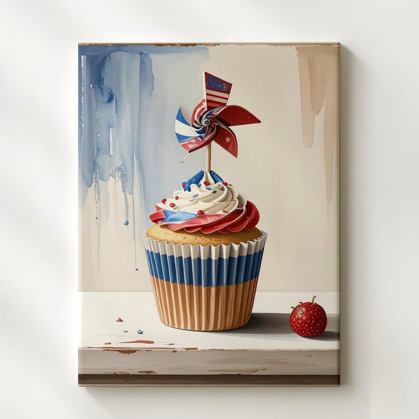 Patriotic Cupcake Canvas – Red, White & Blue Frosting with Pinwheel Topper - Gifitto