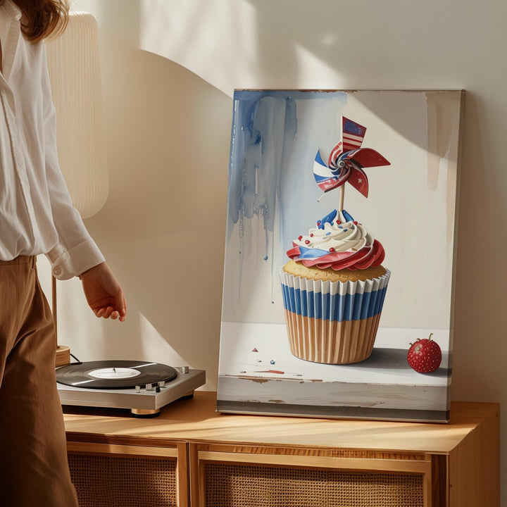 Patriotic Cupcake Canvas – Red, White & Blue Frosting with Pinwheel Topper - Gifitto
