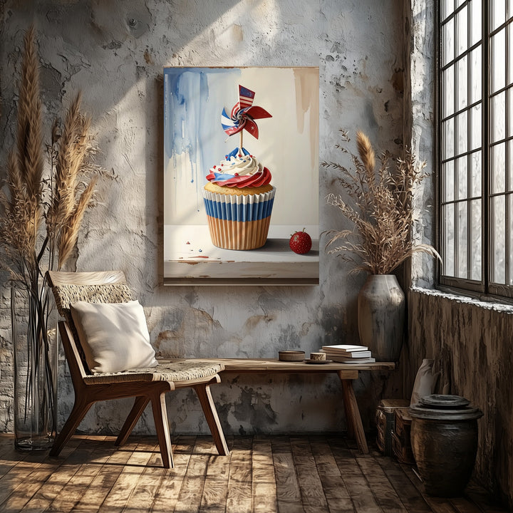 Patriotic Cupcake Canvas – Red, White & Blue Frosting with Pinwheel Topper - Gifitto