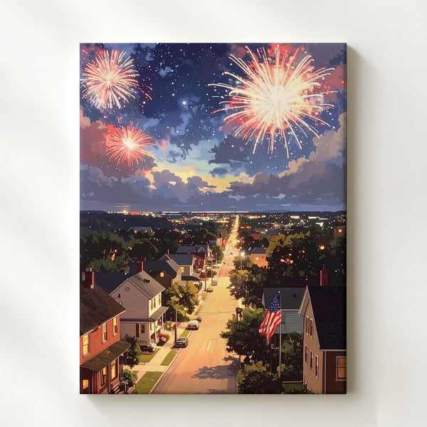Evening Town Fireworks Canvas – American Flag & Warm Lights from Above - Gifitto