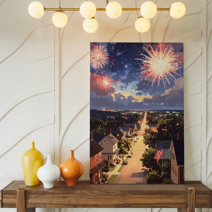 Evening Town Fireworks Canvas – American Flag & Warm Lights from Above - Gifitto