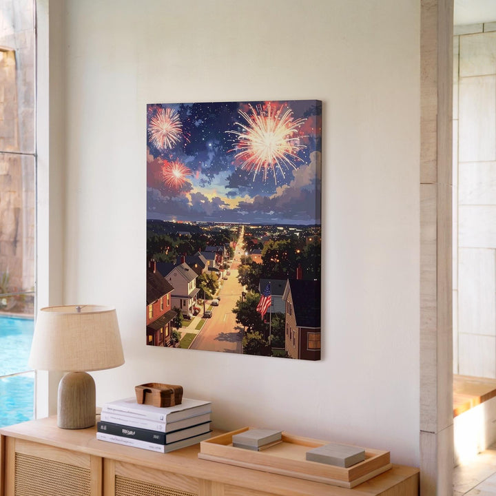 Evening Town Fireworks Canvas – American Flag & Warm Lights from Above - Gifitto