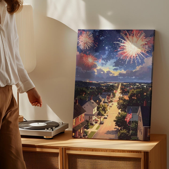 Evening Town Fireworks Canvas – American Flag & Warm Lights from Above - Gifitto
