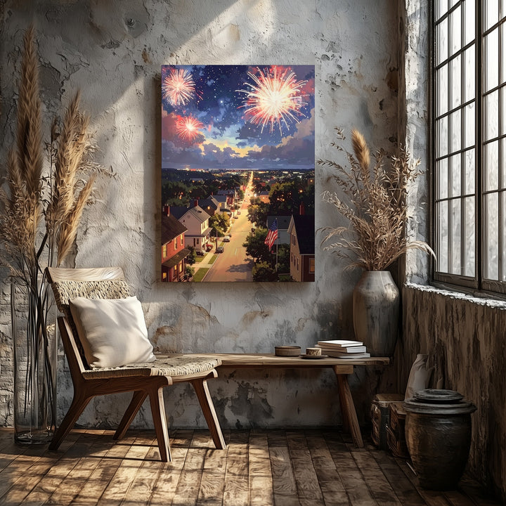 Evening Town Fireworks Canvas – American Flag & Warm Lights from Above - Gifitto