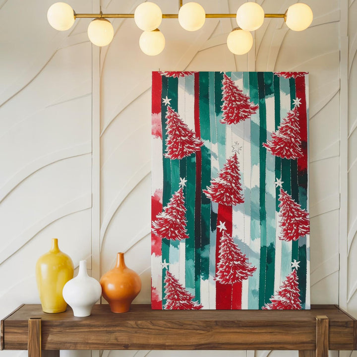 Red Christmas Tree Pattern Canvas – Bold Festive Striped Holiday Wall Art - Gifitto