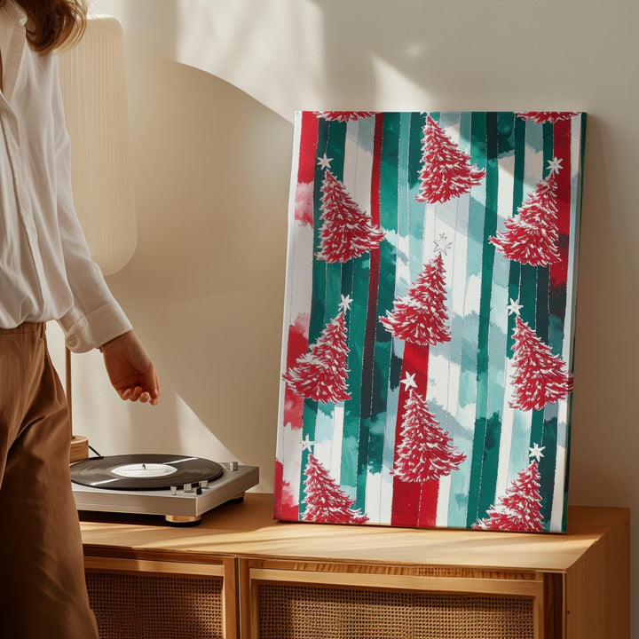 Red Christmas Tree Pattern Canvas – Bold Festive Striped Holiday Wall Art - Gifitto