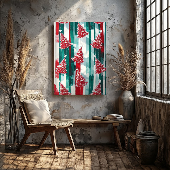 Red Christmas Tree Pattern Canvas – Bold Festive Striped Holiday Wall Art - Gifitto