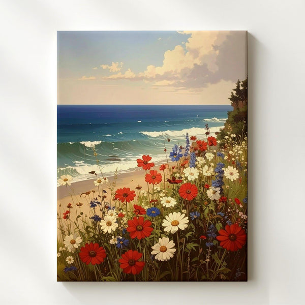 Coastal Wildflower Canvas – Red, White & Blue Blooms by the Shoreline - Gifitto
