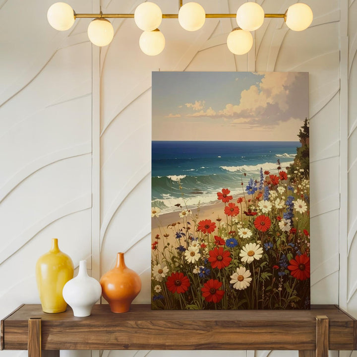 Coastal Wildflower Canvas – Red, White & Blue Blooms by the Shoreline - Gifitto