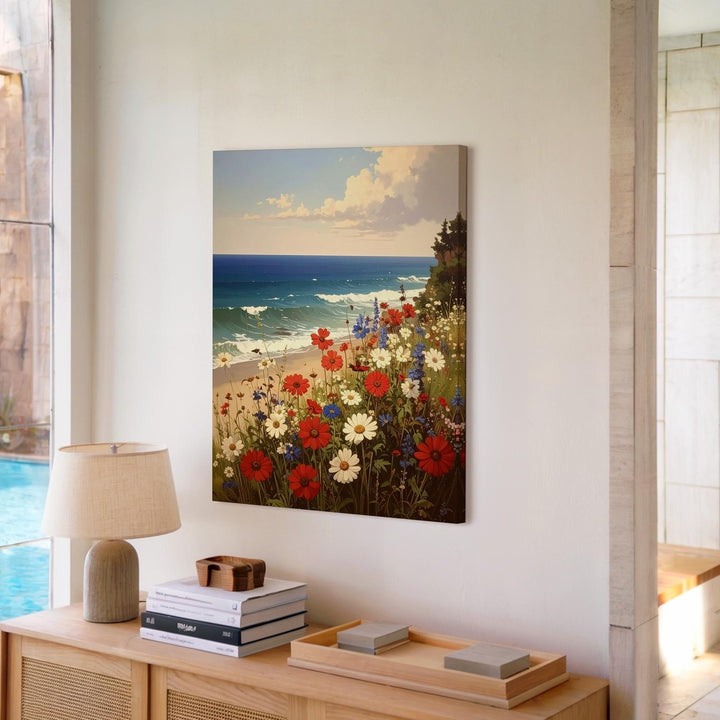 Coastal Wildflower Canvas – Red, White & Blue Blooms by the Shoreline - Gifitto