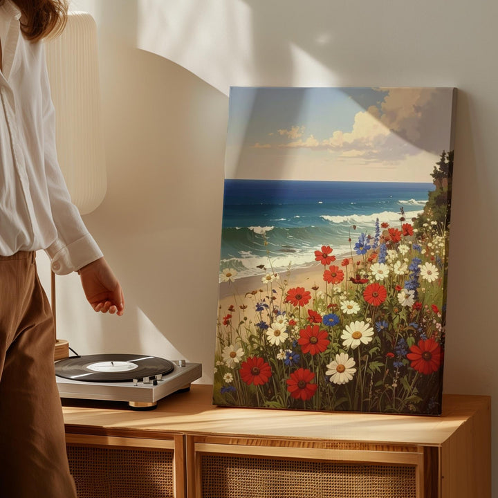 Coastal Wildflower Canvas – Red, White & Blue Blooms by the Shoreline - Gifitto
