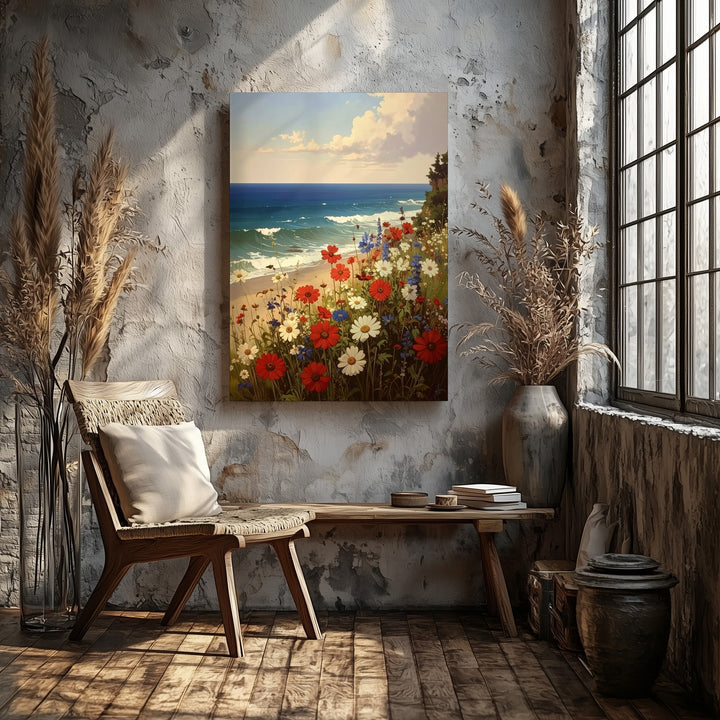 Coastal Wildflower Canvas – Red, White & Blue Blooms by the Shoreline - Gifitto