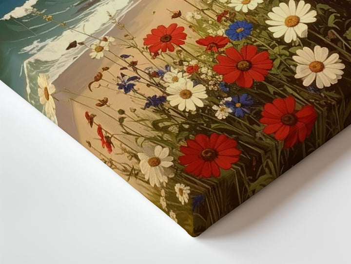 Coastal Wildflower Canvas – Red, White & Blue Blooms by the Shoreline - Gifitto