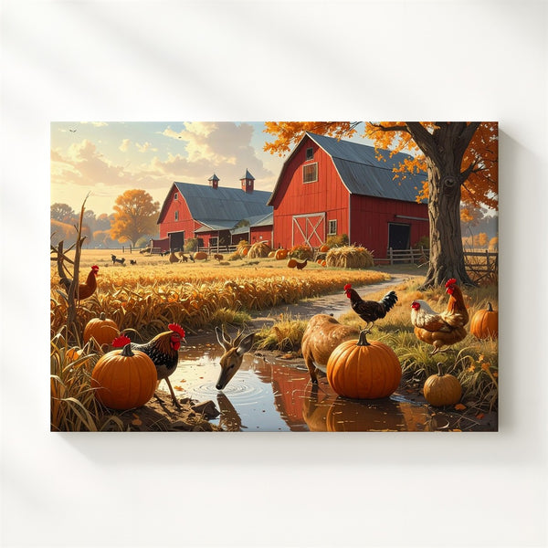Golden Hour Farmstead Canvas – Peaceful Autumn Harvest & Animal Scene - Gifitto