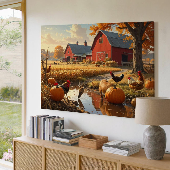 Golden Hour Farmstead Canvas – Peaceful Autumn Harvest & Animal Scene - Gifitto