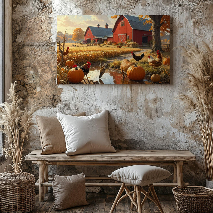 Golden Hour Farmstead Canvas – Peaceful Autumn Harvest & Animal Scene - Gifitto