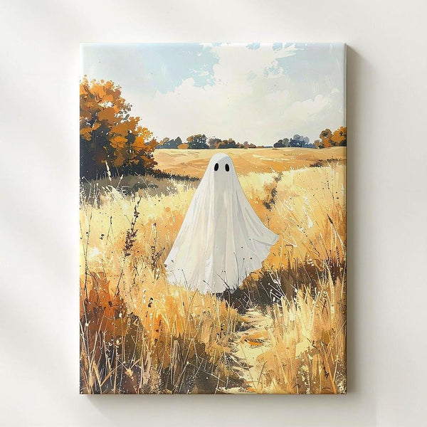 Lone Ghost in Golden Field Canvas – Peaceful Pastoral Halloween Wall Art - Gifitto