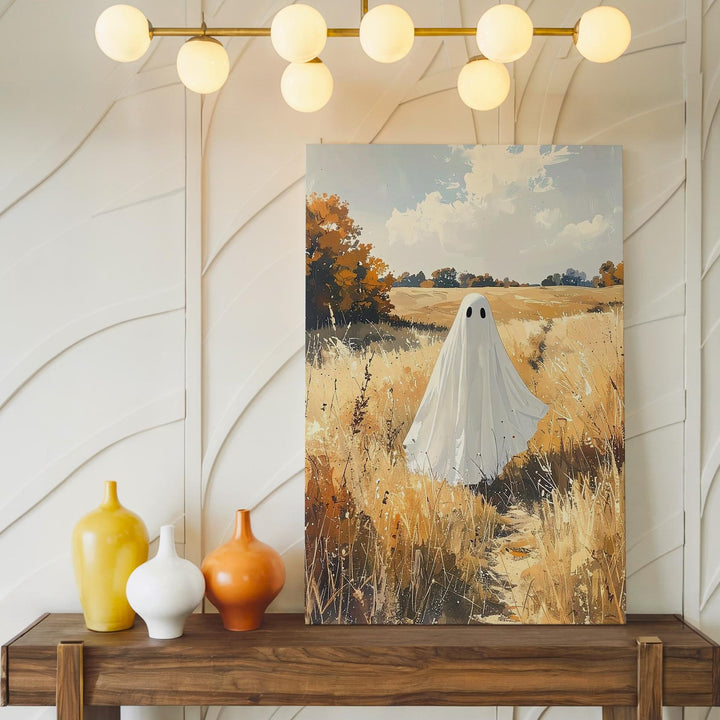 Lone Ghost in Golden Field Canvas – Peaceful Pastoral Halloween Wall Art - Gifitto