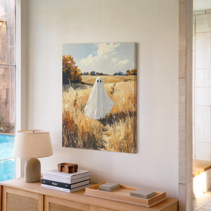 Lone Ghost in Golden Field Canvas – Peaceful Pastoral Halloween Wall Art - Gifitto
