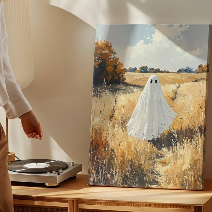Lone Ghost in Golden Field Canvas – Peaceful Pastoral Halloween Wall Art - Gifitto
