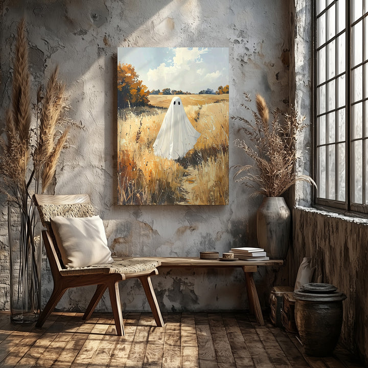 Lone Ghost in Golden Field Canvas – Peaceful Pastoral Halloween Wall Art - Gifitto