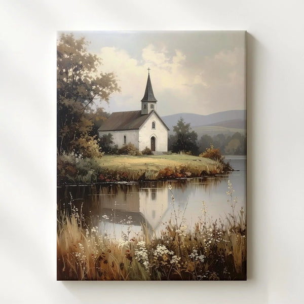 Lakeside Chapel Canvas – Peaceful Christian Wall Art of Solitude, Reflection, and Rural Serenity - Gifitto