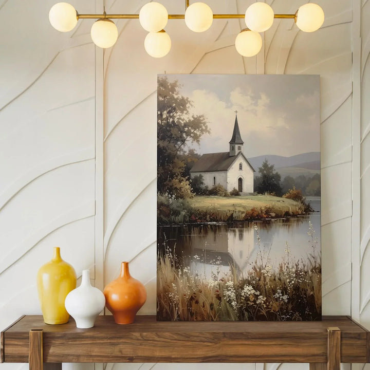 Lakeside Chapel Canvas – Peaceful Christian Wall Art of Solitude, Reflection, and Rural Serenity - Gifitto