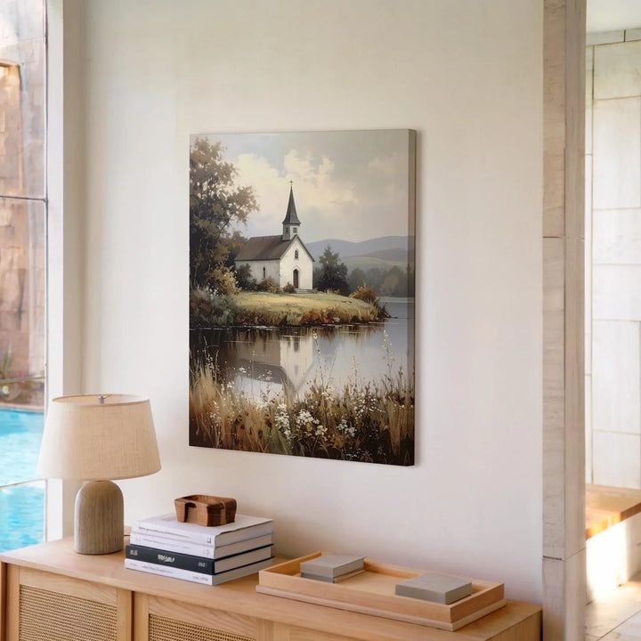 Lakeside Chapel Canvas – Peaceful Christian Wall Art of Solitude, Reflection, and Rural Serenity - Gifitto