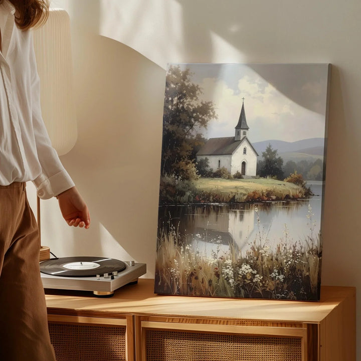 Lakeside Chapel Canvas – Peaceful Christian Wall Art of Solitude, Reflection, and Rural Serenity - Gifitto