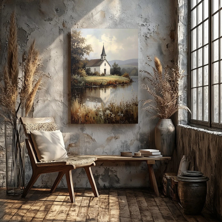 Lakeside Chapel Canvas – Peaceful Christian Wall Art of Solitude, Reflection, and Rural Serenity - Gifitto