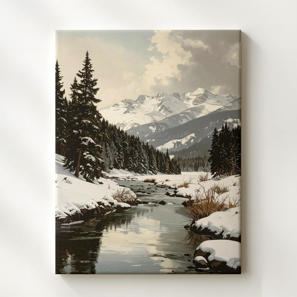 Serene Winter River Canvas – Snowy Christmas Landscape Wall Art with Pines & Mountains - Gifitto