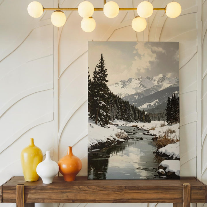 Serene Winter River Canvas – Snowy Christmas Landscape Wall Art with Pines & Mountains - Gifitto