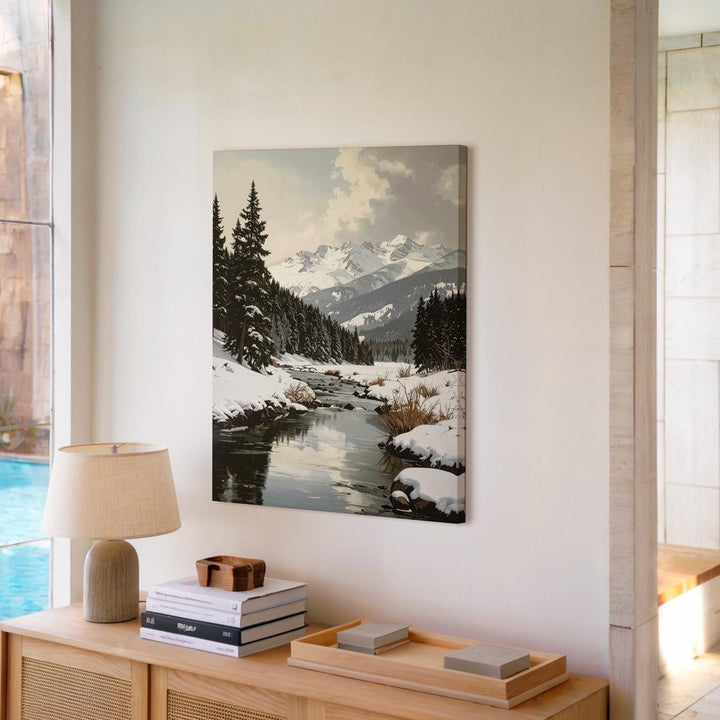 Serene Winter River Canvas – Snowy Christmas Landscape Wall Art with Pines & Mountains - Gifitto