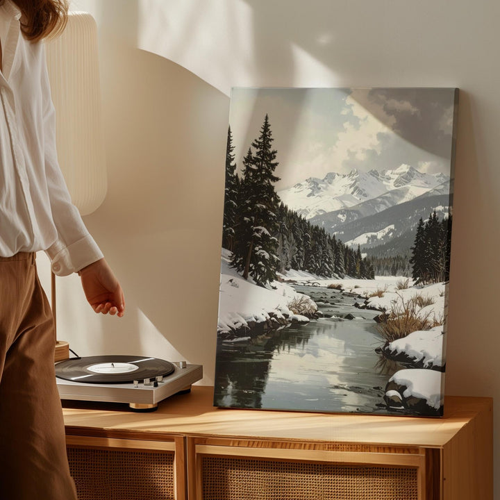 Serene Winter River Canvas – Snowy Christmas Landscape Wall Art with Pines & Mountains - Gifitto
