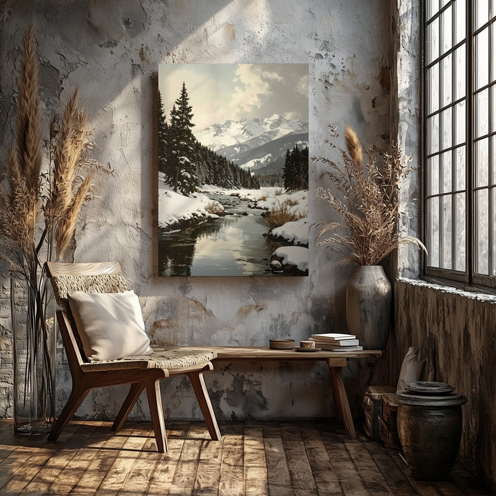 Serene Winter River Canvas – Snowy Christmas Landscape Wall Art with Pines & Mountains - Gifitto