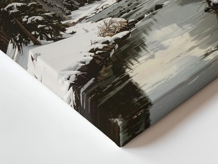 Serene Winter River Canvas – Snowy Christmas Landscape Wall Art with Pines & Mountains - Gifitto