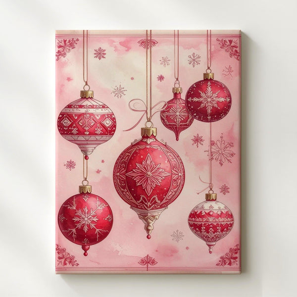 Vintage Red Ornaments on Pink Canvas – Feminine Retro Christmas Wall Art - Gifitto