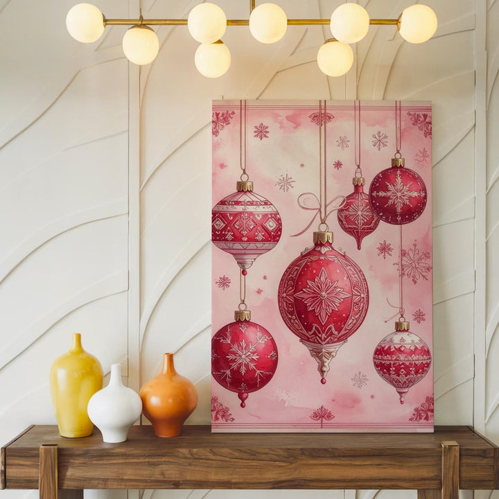 Vintage Red Ornaments on Pink Canvas – Feminine Retro Christmas Wall Art - Gifitto