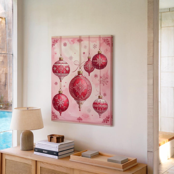 Vintage Red Ornaments on Pink Canvas – Feminine Retro Christmas Wall Art - Gifitto