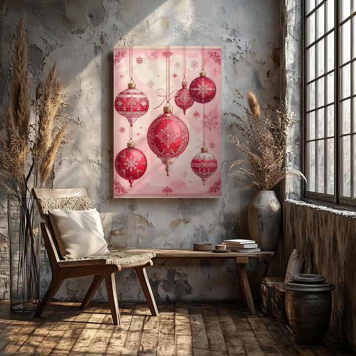 Vintage Red Ornaments on Pink Canvas – Feminine Retro Christmas Wall Art - Gifitto