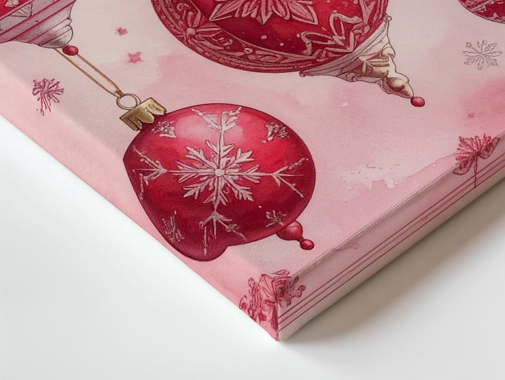Vintage Red Ornaments on Pink Canvas – Feminine Retro Christmas Wall Art - Gifitto