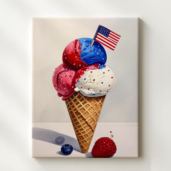 Patriotic Ice Cream Cone Canvas – Red, White & Blue Scoops with Flag - Gifitto