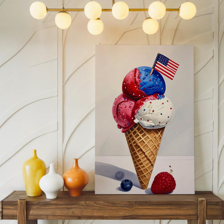 Patriotic Ice Cream Cone Canvas – Red, White & Blue Scoops with Flag - Gifitto