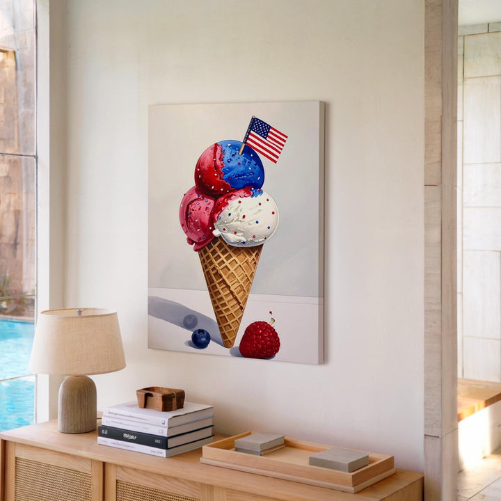 Patriotic Ice Cream Cone Canvas – Red, White & Blue Scoops with Flag - Gifitto
