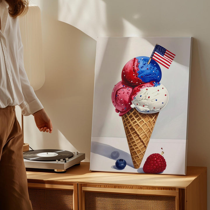 Patriotic Ice Cream Cone Canvas – Red, White & Blue Scoops with Flag - Gifitto
