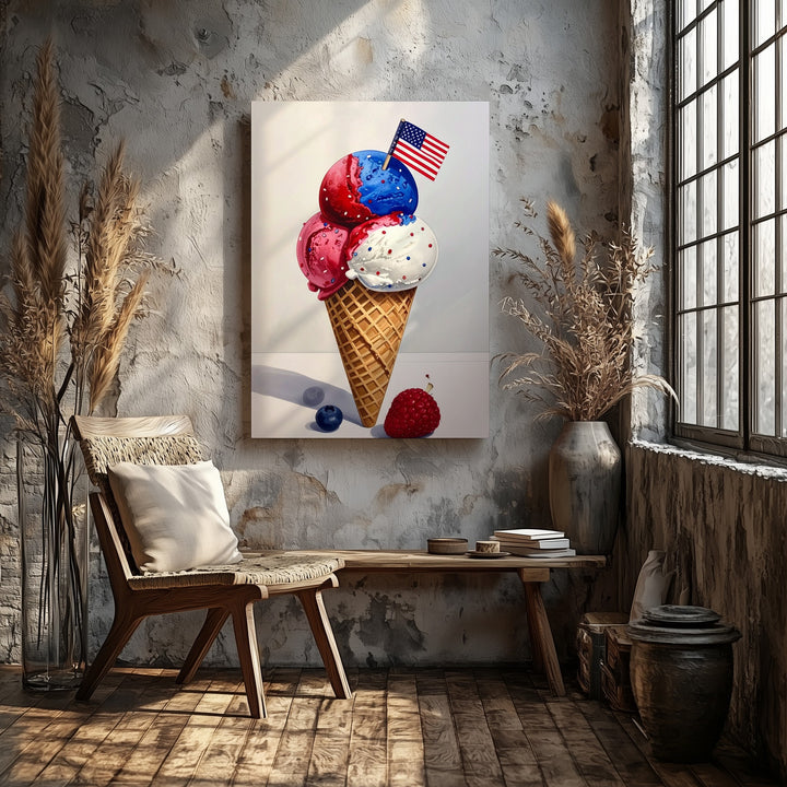 Patriotic Ice Cream Cone Canvas – Red, White & Blue Scoops with Flag - Gifitto