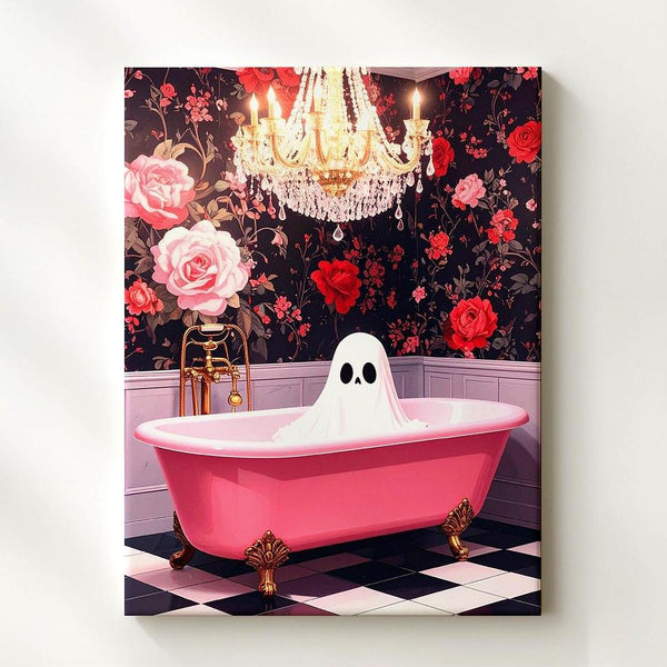 Glam Ghost in Pink Bathtub Canvas – Playful Vintage Halloween Wall Art - Gifitto